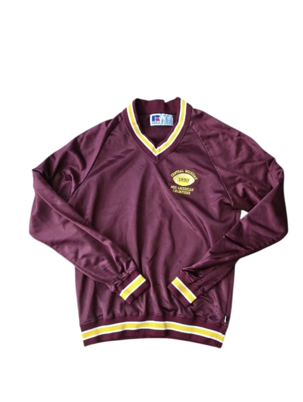 Russell Athletic Maroon Pullover Sweatershirt with Gold & White Trim. L